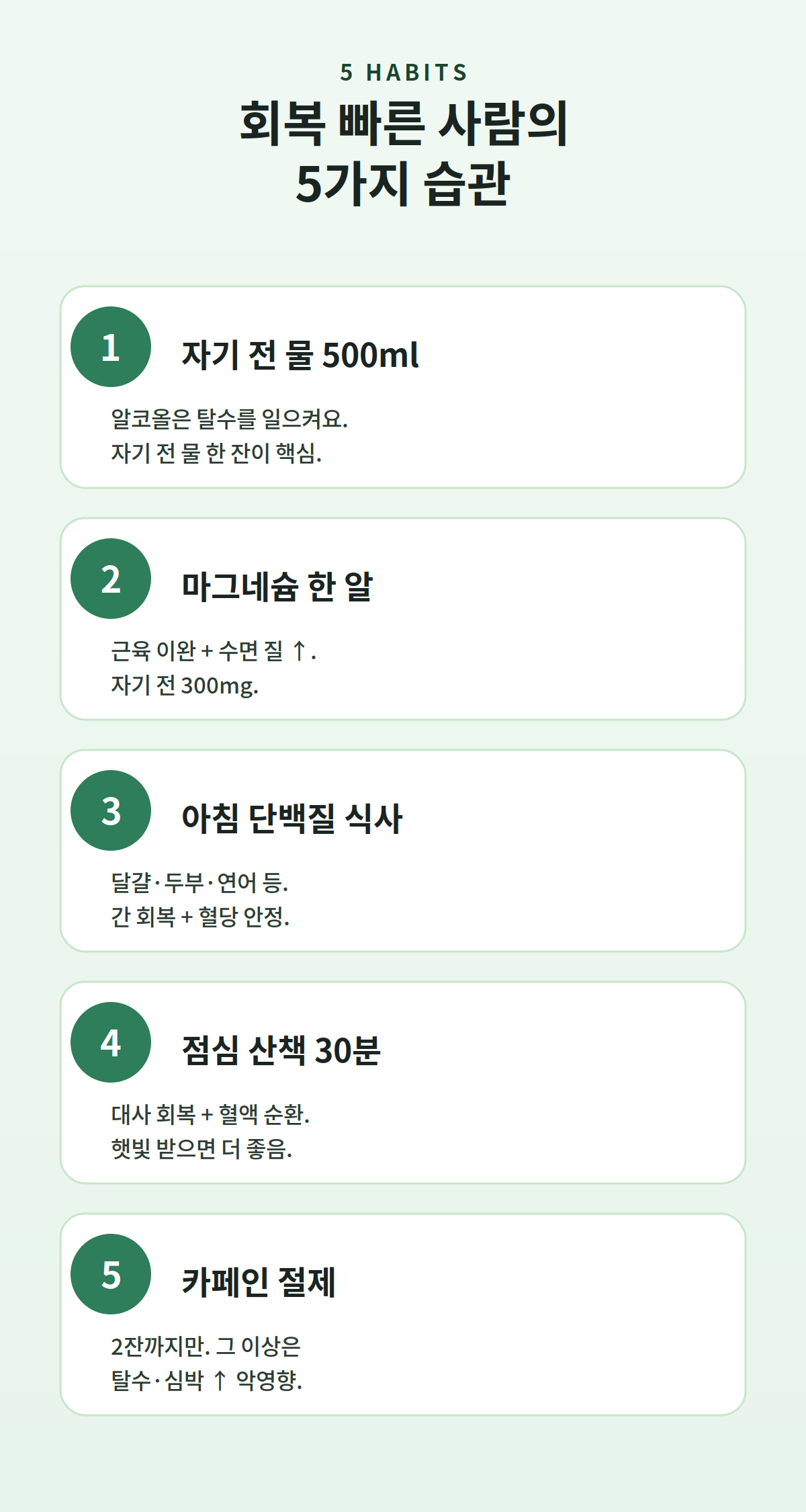 회식 다음날 회복 빠른 사람의 5가지 습관 - 자기 전 물, 마그네슘, 아침 단백질, 점심 산책, 카페인 절제