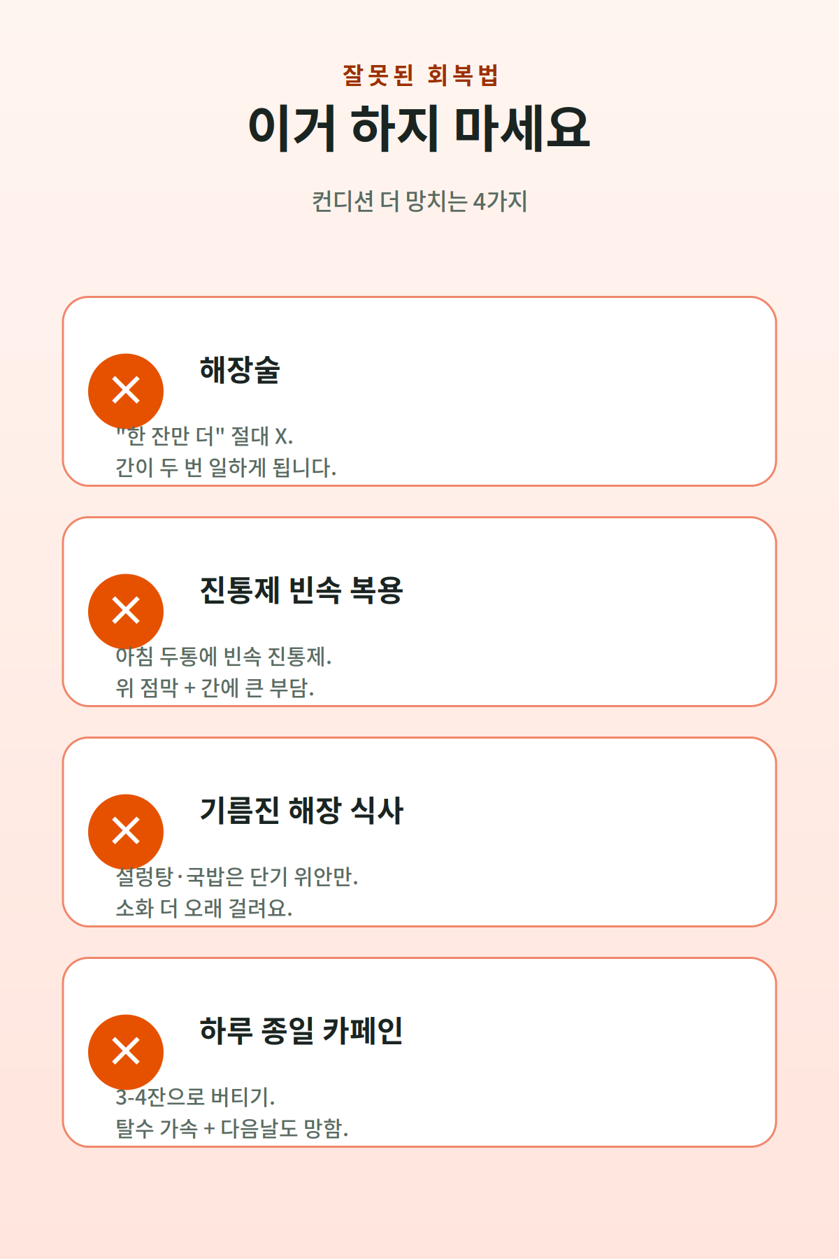 회식 다음날 잘못된 회복법 4가지 - 해장술, 진통제 빈속 복용, 기름진 해장 식사, 하루 종일 카페인