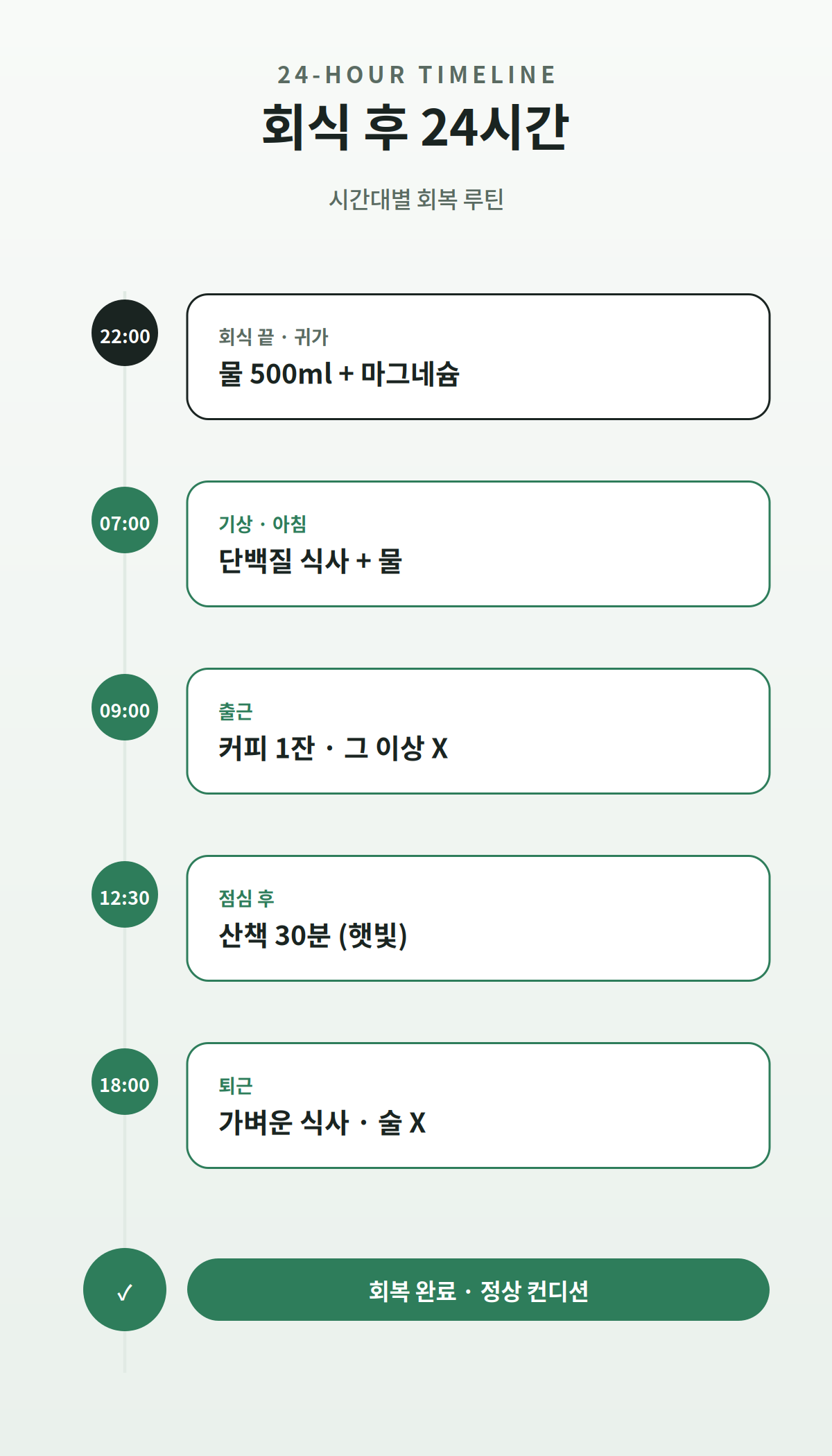 회식 후 24시간 회복 타임라인 - 22시 물 마그네슘, 7시 단백질 식사, 9시 커피 1잔, 12시 30분 산책, 18시 가벼운 식사