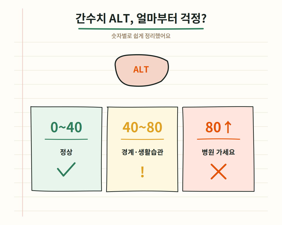 간수치 ALT 수치 구간별 의미 - 0에서 40 정상, 40에서 80 경계, 80 이상 병원