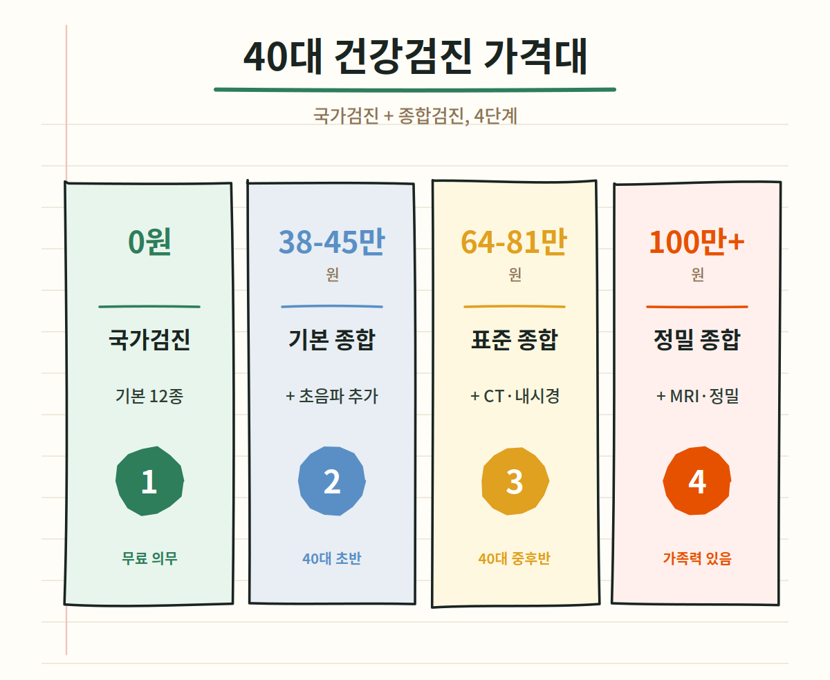 40대 건강검진 가격대별 비교 - 국가검진 무료, 기본 종합 38-45만, 표준 종합 64-81만, 정밀 종합 100만원 이상