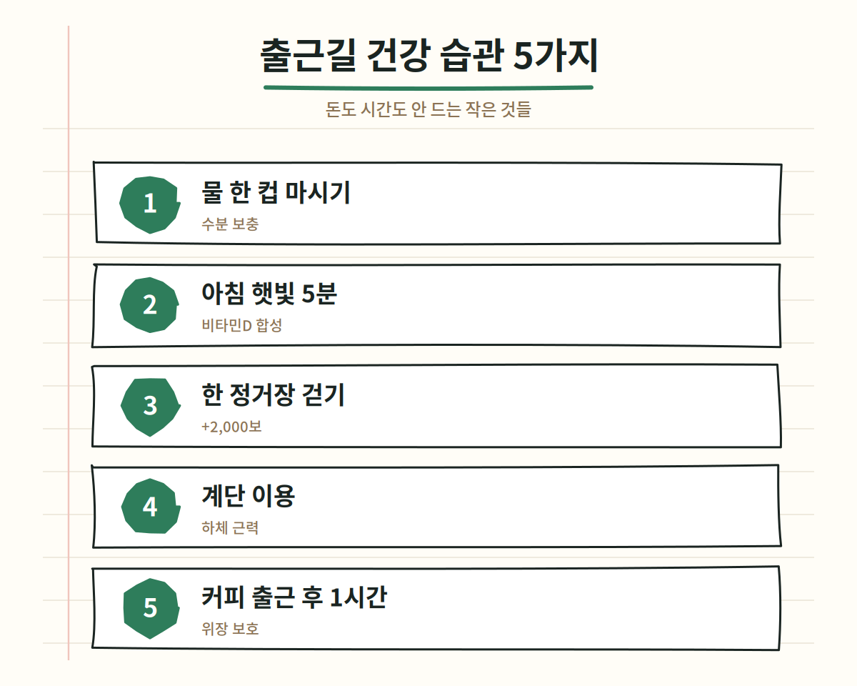 직장인 건강 습관 5가지 - 출근길 물 한 컵, 아침 햇빛, 한 정거장 걷기, 계단 이용, 커피 타이밍