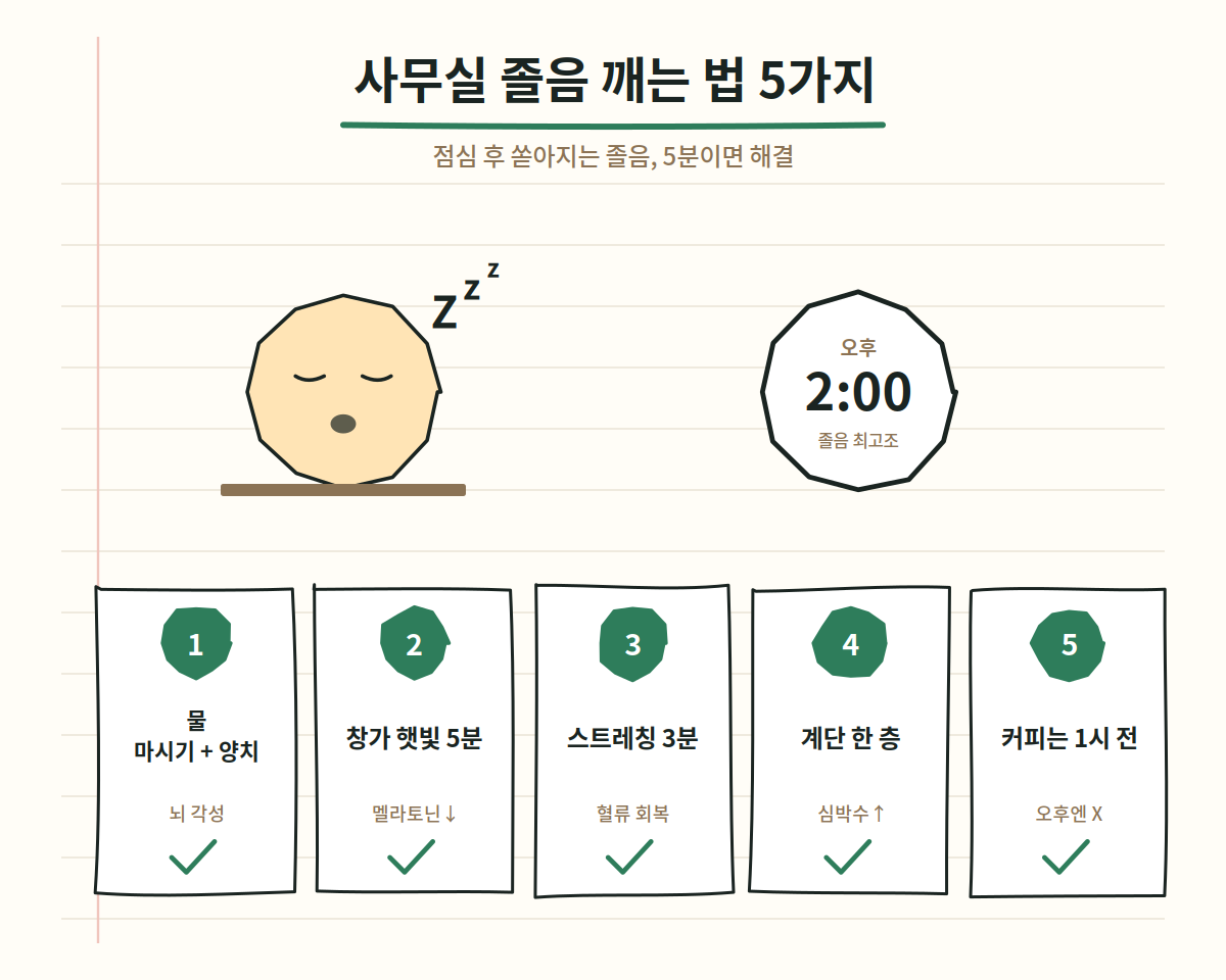 사무실 졸음 깨는 법 5가지 - 물 양치, 창가 햇빛, 스트레칭, 계단, 커피 타이밍