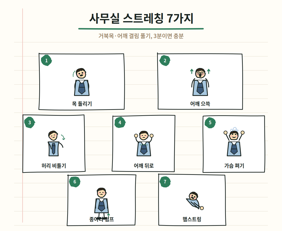 사무실 스트레칭 7가지 - 목 어깨 허리 가슴 종아리 햄스트링
