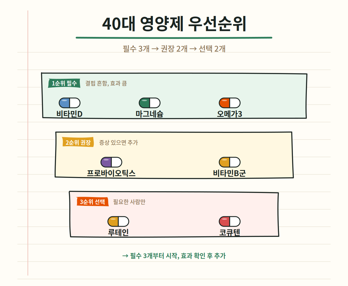 40대 영양제 우선순위 - 필수 3개 비타민D 마그네슘 오메가3, 권장 2개 프로바이오틱스 비타민B군, 선택 2개 루테인 코큐텐