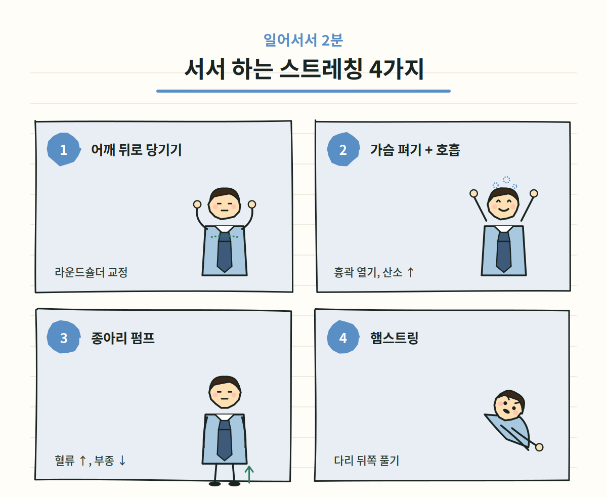 서서 하는 사무실 스트레칭 4가지 - 어깨 뒤로, 가슴 펴기, 종아리 펌프, 햄스트링
