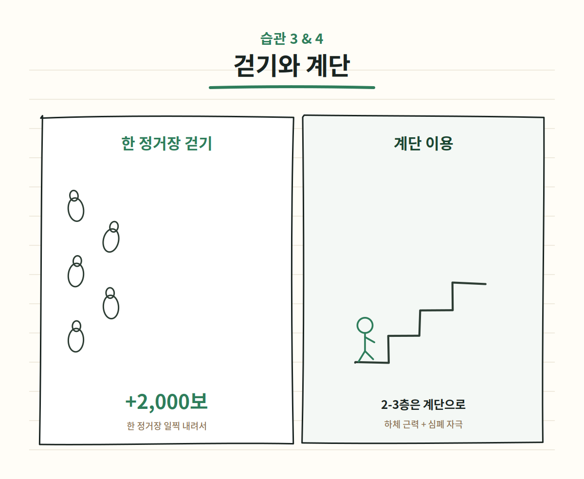 직장인 건강 습관 - 한 정거장 먼저 내려 걷기와 엘리베이터 대신 계단 이용