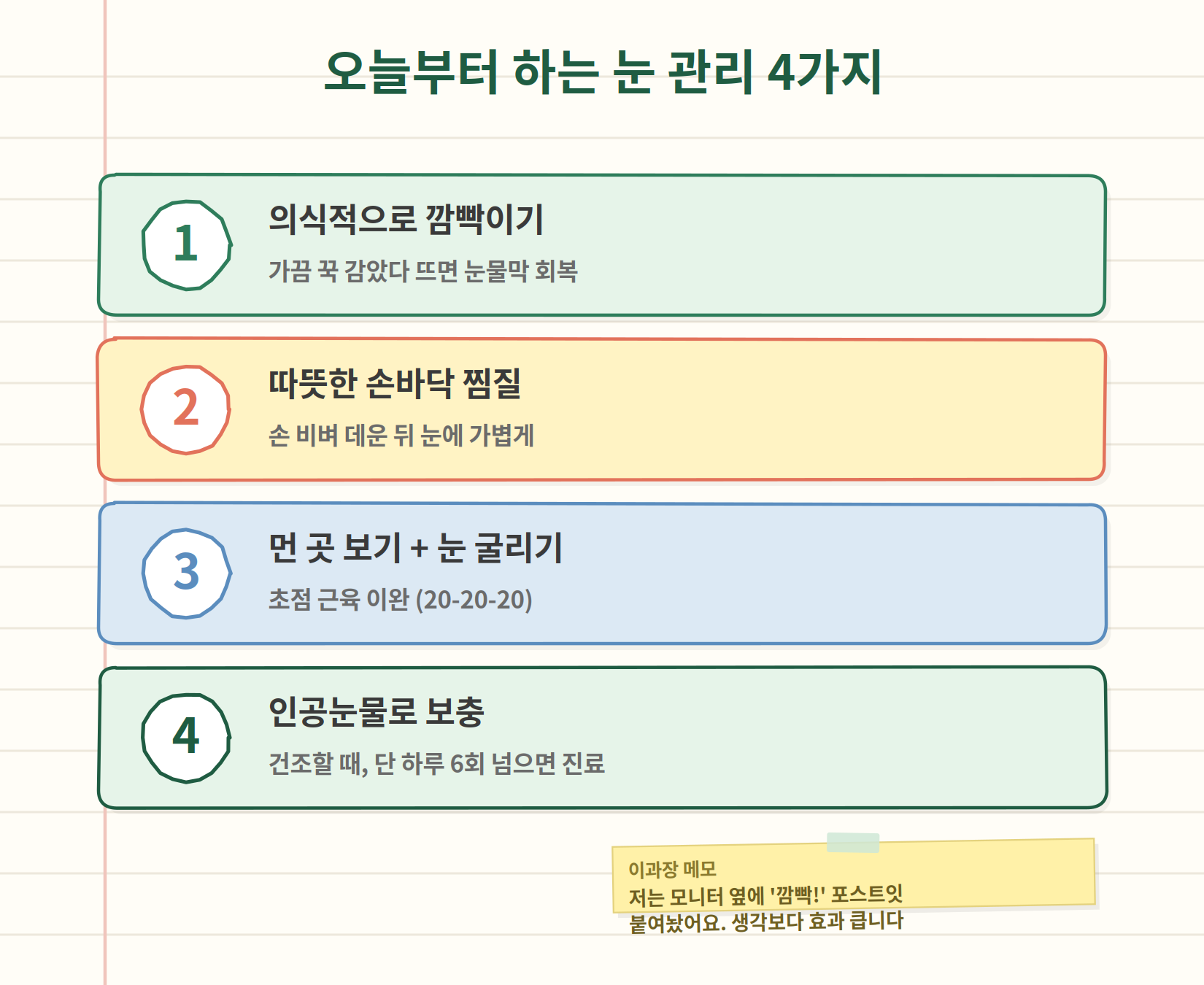 눈 관리 4가지 - 의식적 깜빡임, 손바닥 찜질, 먼 곳 보기, 인공눈물