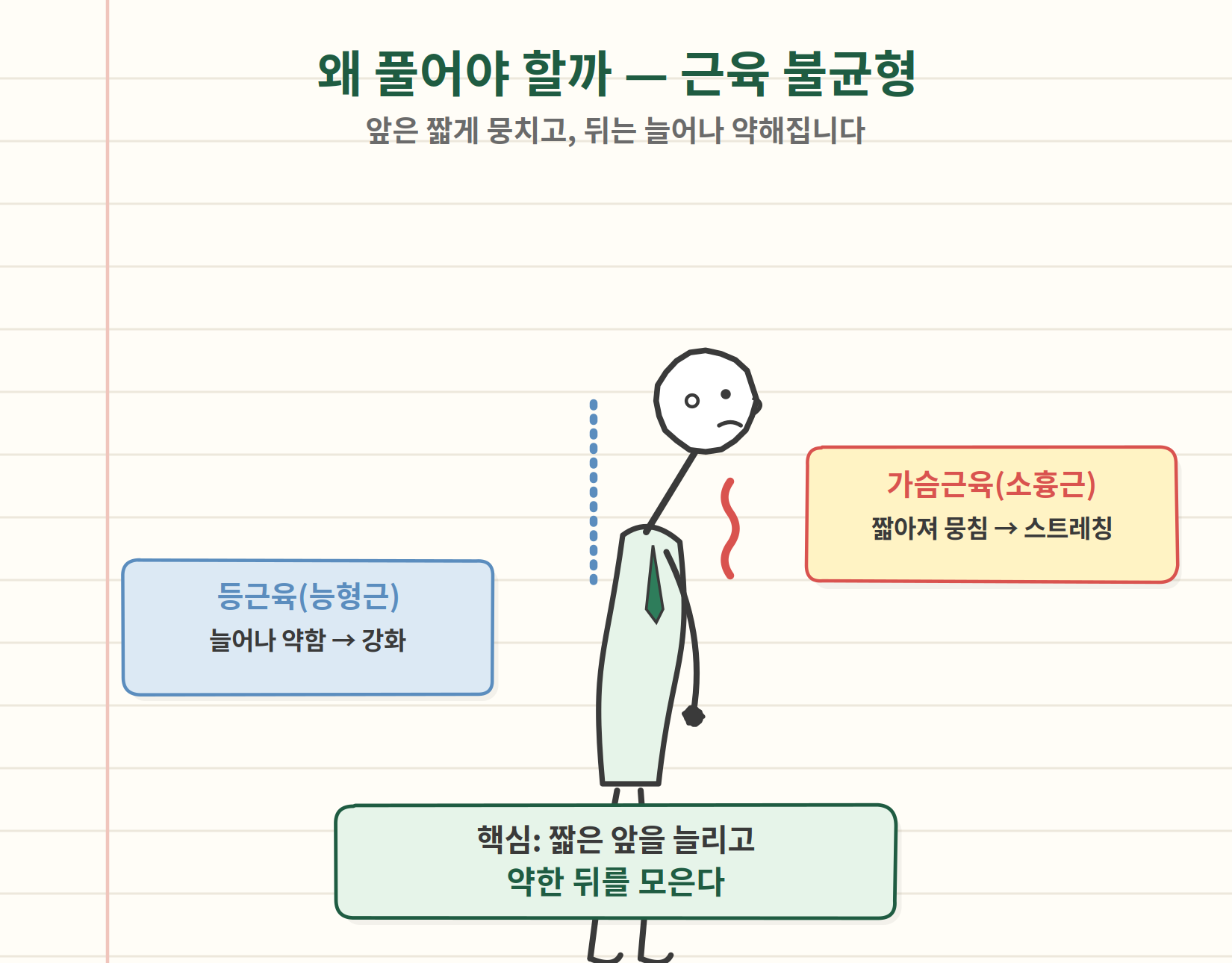거북목 라운드숄더 근육 불균형 - 소흉근 단축과 능형근 약화