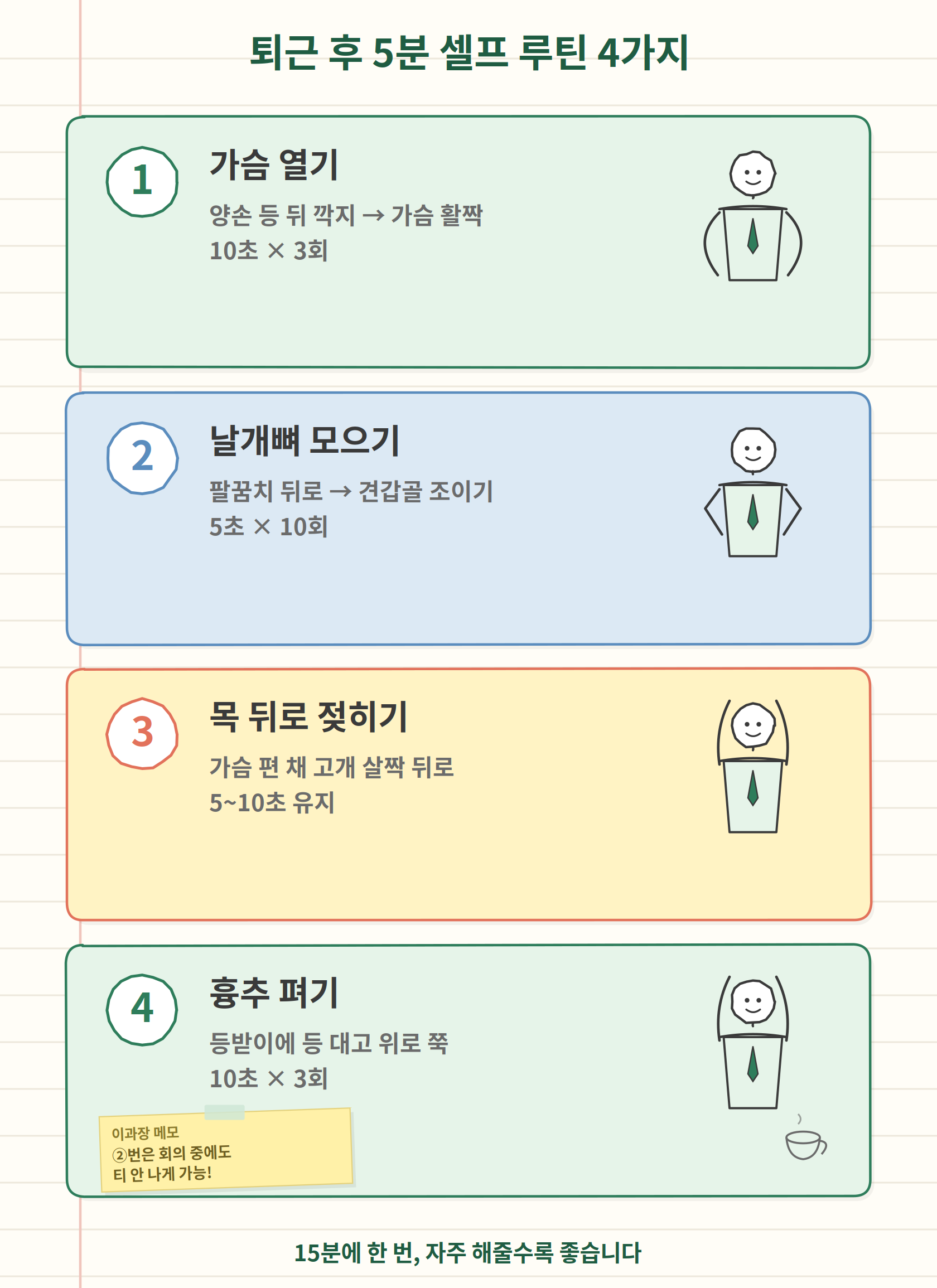 거북목 라운드숄더 스트레칭 루틴 4가지 - 가슴 열기 날개뼈 모으기 목 신전 흉추 펴기
