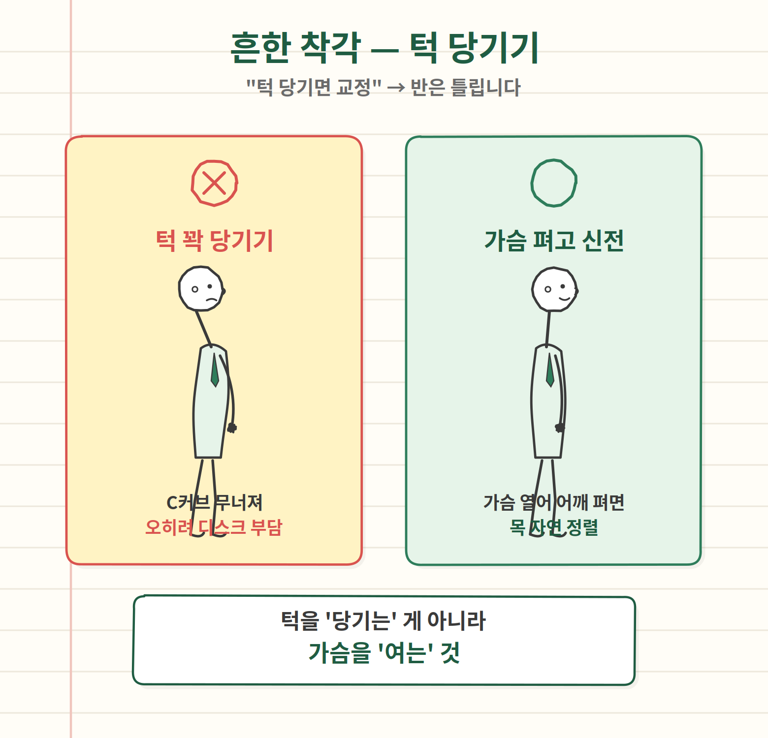 거북목 교정 흔한 착각 - 턱 당기기보다 가슴 열고 목 펴기